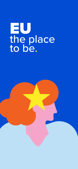 iOS ProMax wallpaper - Girl with red hair and the text "EU the place to be"